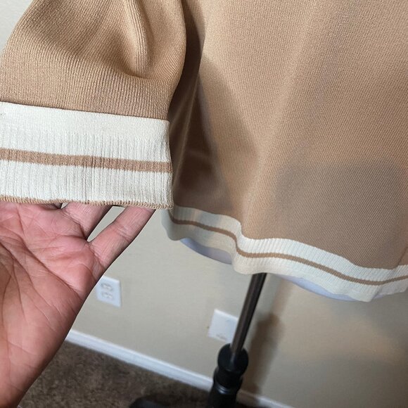 FINITY Tan Contrast Trim Cardigan XL Slinky Knit Single Button Old Money Chic - Picture 5 of 10